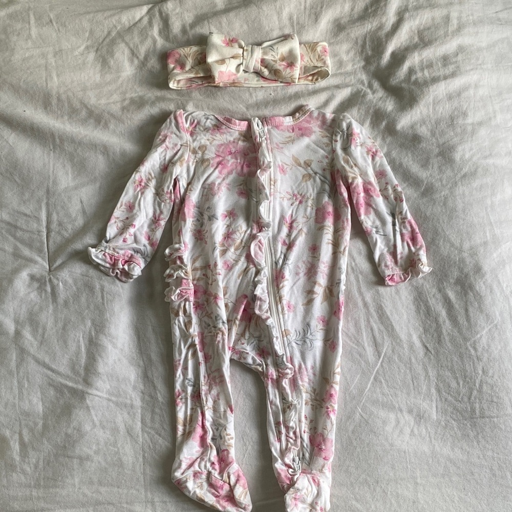 Little Me Pink and White Floral Footie with Headband